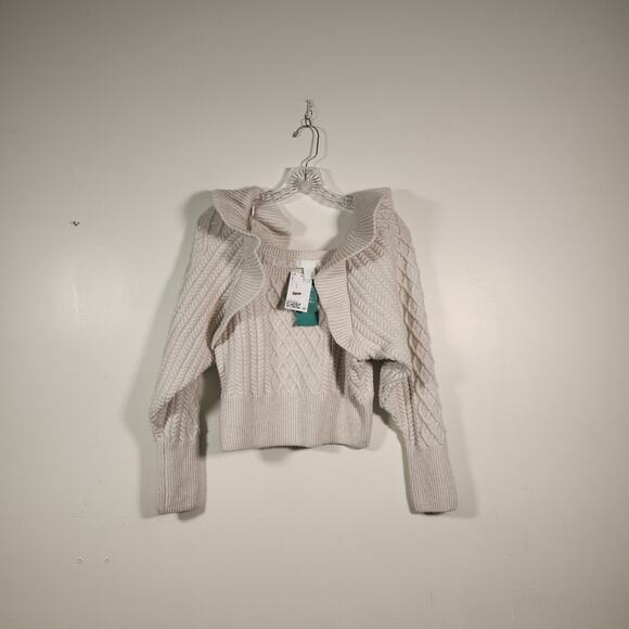 H&M Cream Sweater Womens M Cable Knit Ruffle Shoulder Cropped Neutral Cozy Boho - Picture 1 of 9